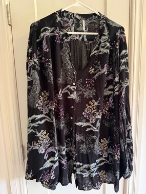 Free People Black Floral Print Button-Front Blouse